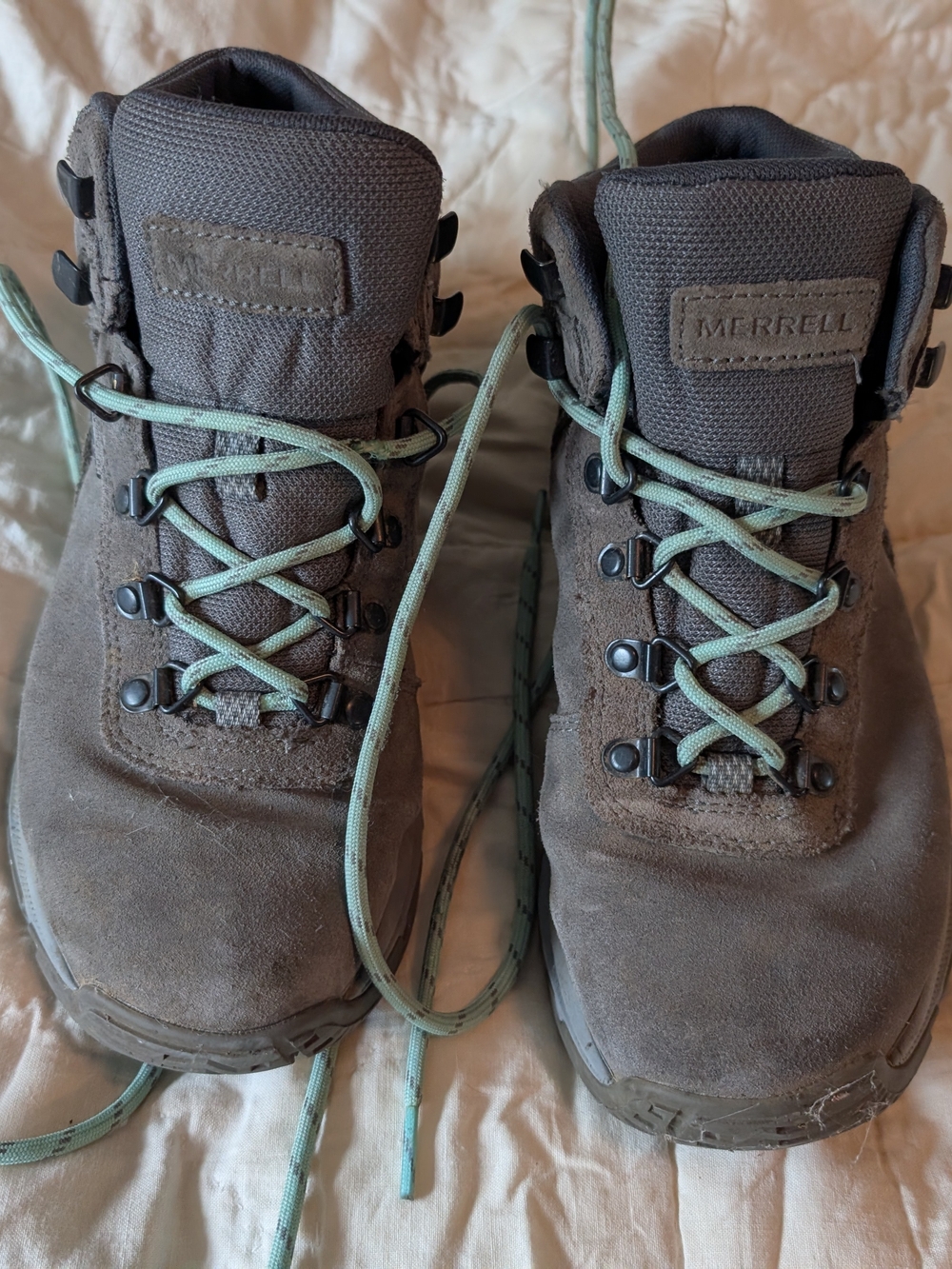 Merrell Grey Suede Hiking Boots with Mint Laces